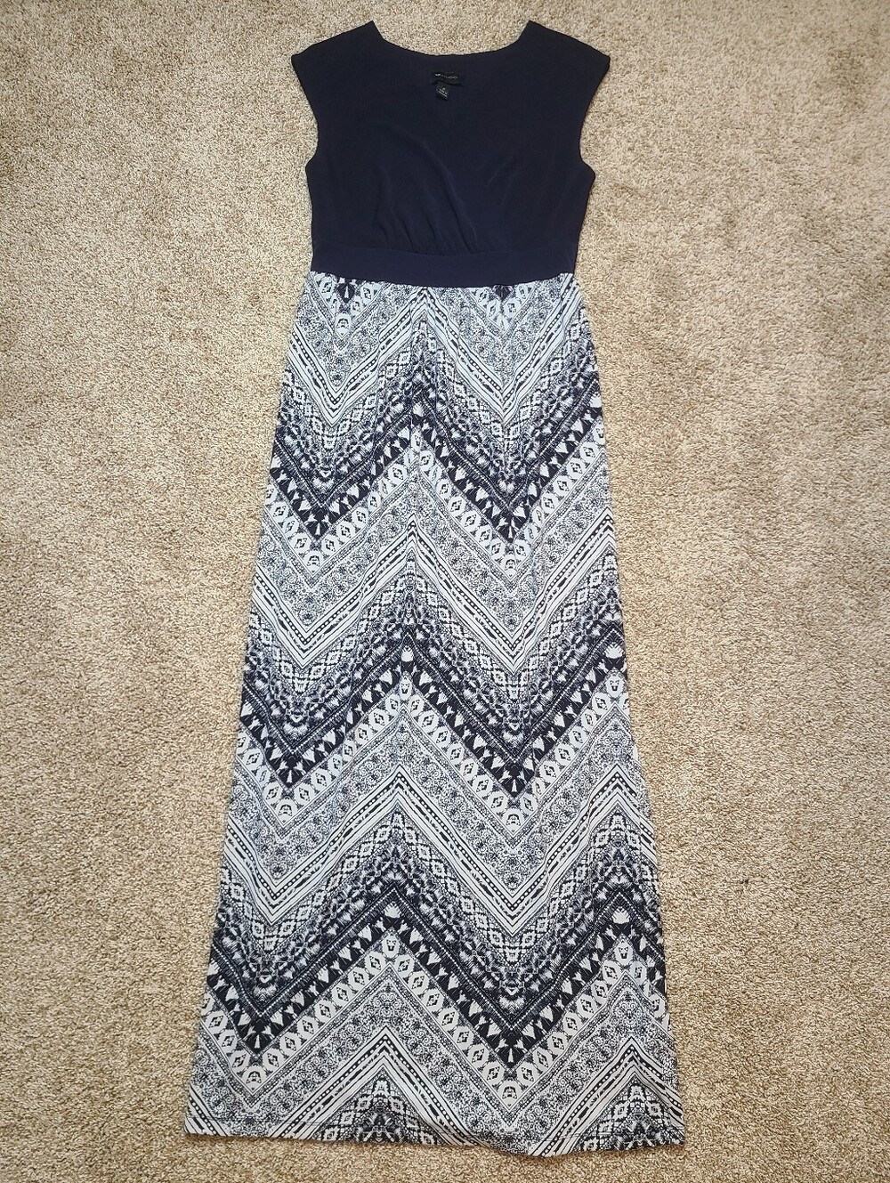 AB Studio Crossover Wrap Maxi Dress Navy White Chevron